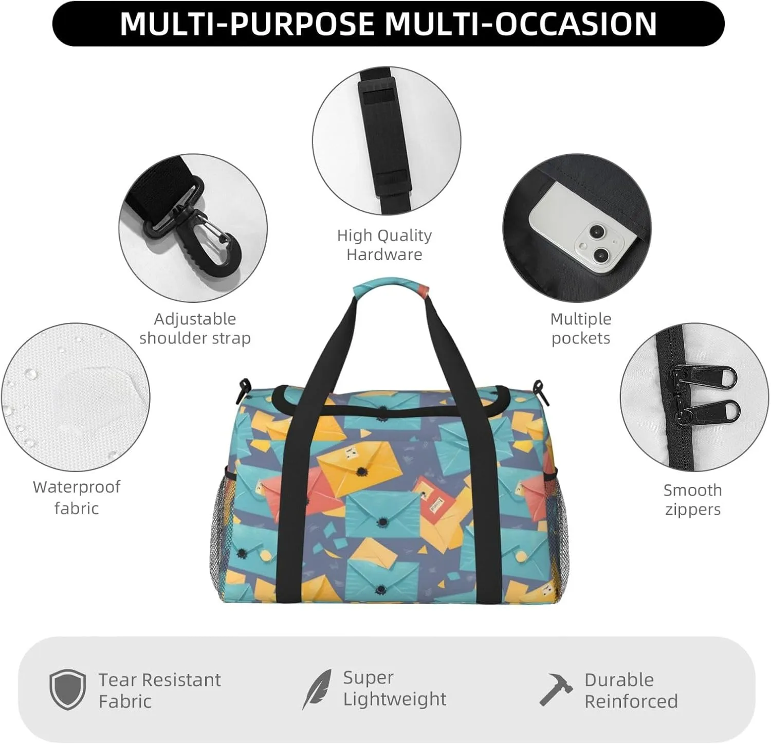 Postal Stationery Travel Duffel Bag With Zippers And Handles, Big Foldable Duffle Bag For Family Vacations