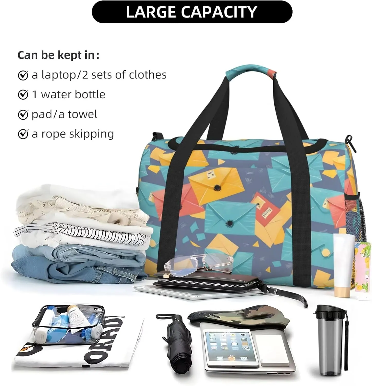 Postal Stationery Travel Duffel Bag With Zippers And Handles, Big Foldable Duffle Bag For Family Vacations