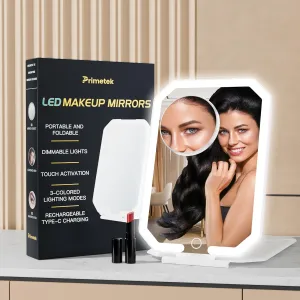 PRIMETEK 10-inch Portable Travel Makeup Mirror with Lights, Rechargeable LED Lighted Cosmetic Mirror, 3-Colored Lighting Modes, Dimmable, 5X Magnification Compact Mirror for Vanity Tabletop (White)