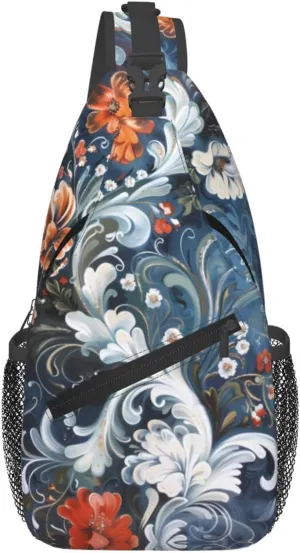 Printed Norwegian Rosemaling Folk Floral 2 Sling Bag Crossbody Backpack For Men Women, Fashionable Adjustable Strap Daypack Travel Shoulder Bag For Outdoor Activities, Gym, And Travel