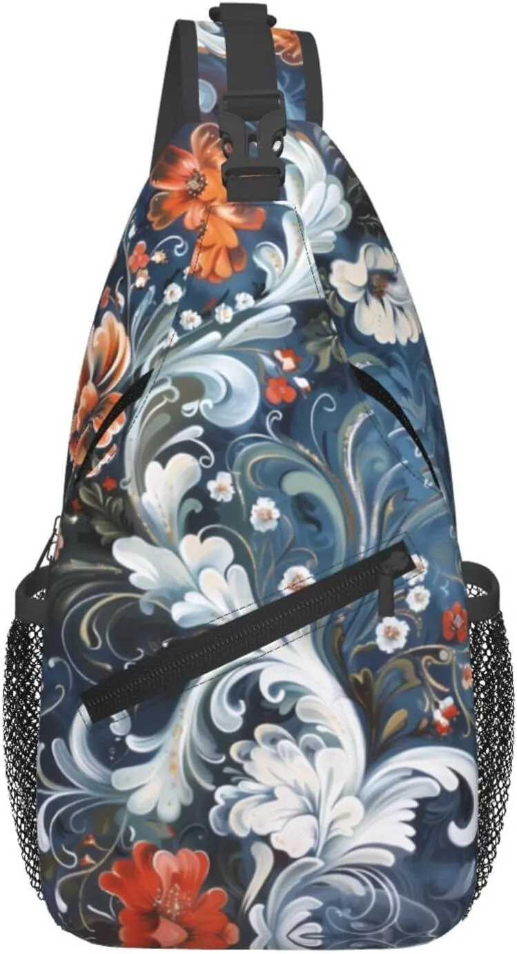 Printed Norwegian Rosemaling Folk Floral 2 Sling Bag Crossbody Backpack For Men Women, Fashionable Adjustable Strap Daypack Travel Shoulder Bag For Outdoor Activities, Gym, And Travel