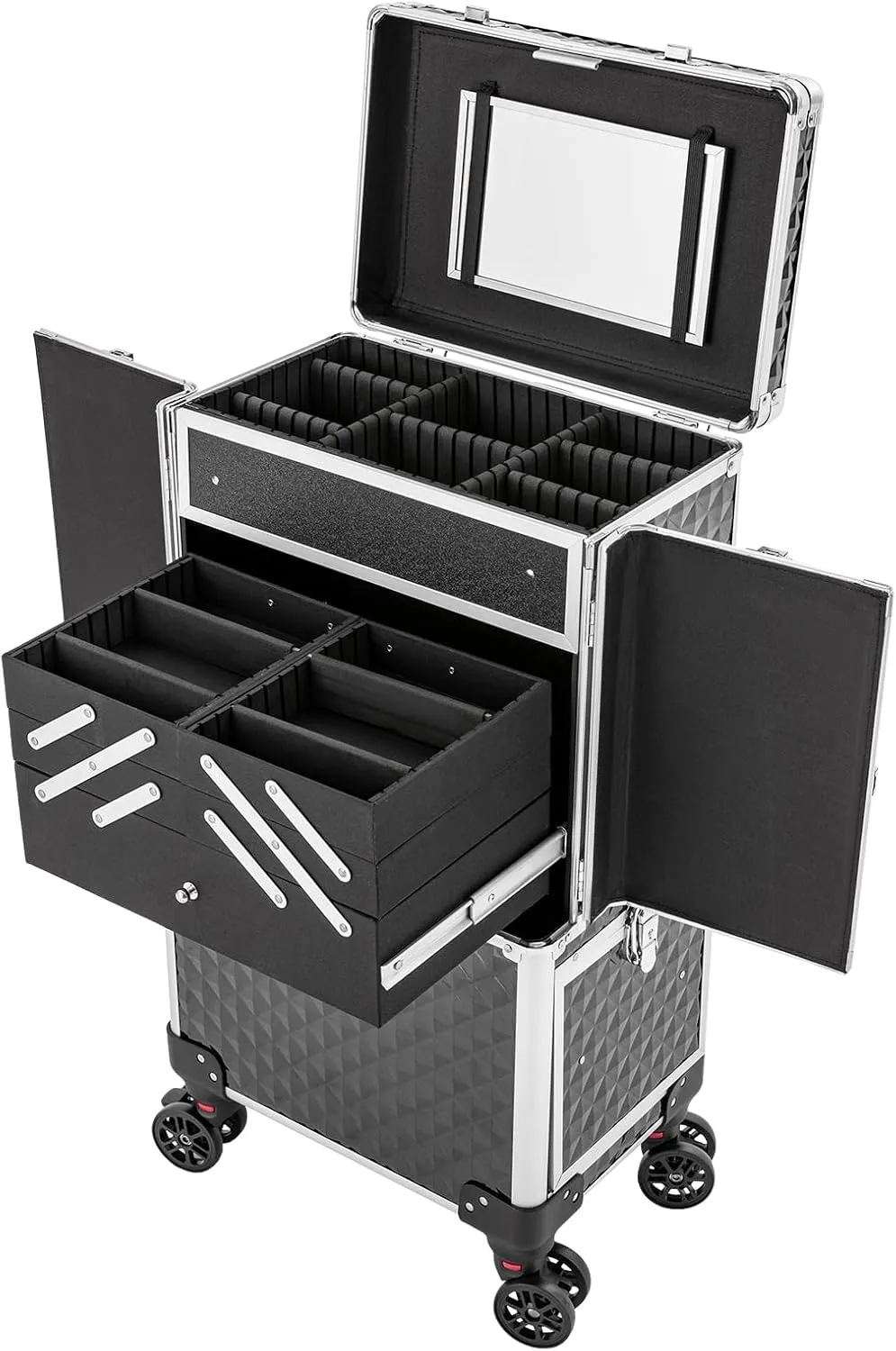 Professional Makeup Artist Rolling Train Case,Aluminum Cosmetic Case with Mirror,Large Trolley Storage Case with Compartments,Black