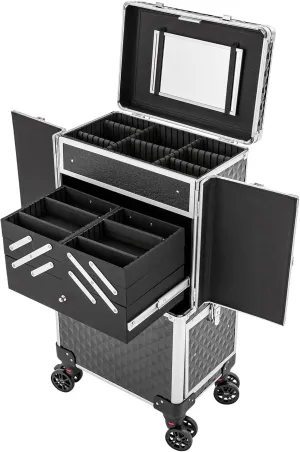 Professional Makeup Artist Rolling Train Case,Aluminum Cosmetic Case with Mirror,Large Trolley Storage Case with Compartments,Black