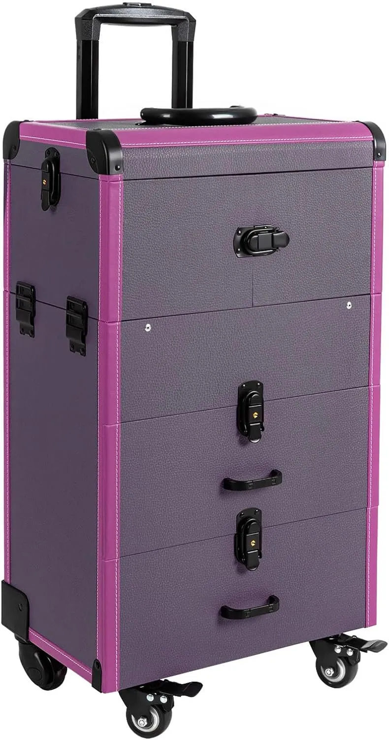 Professional Rolling Makeup Case Cosmetic Trolley Train Case with 360° Swivel Wheels for Makuep Artist Travel Cosmetic Organizer with Sliding Drawers for Nail Tech Hairstylist Barber (Purple)