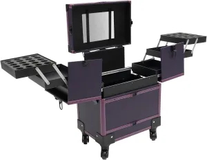 Professional Rolling Makeup Train Case, Large Trolley Storage Case, Multi-Functional Cosmetic Train Case with Mirror & Universal Wheels for Makeup Artist Hairstylist Travel Cosmetic Organizer (Purple)