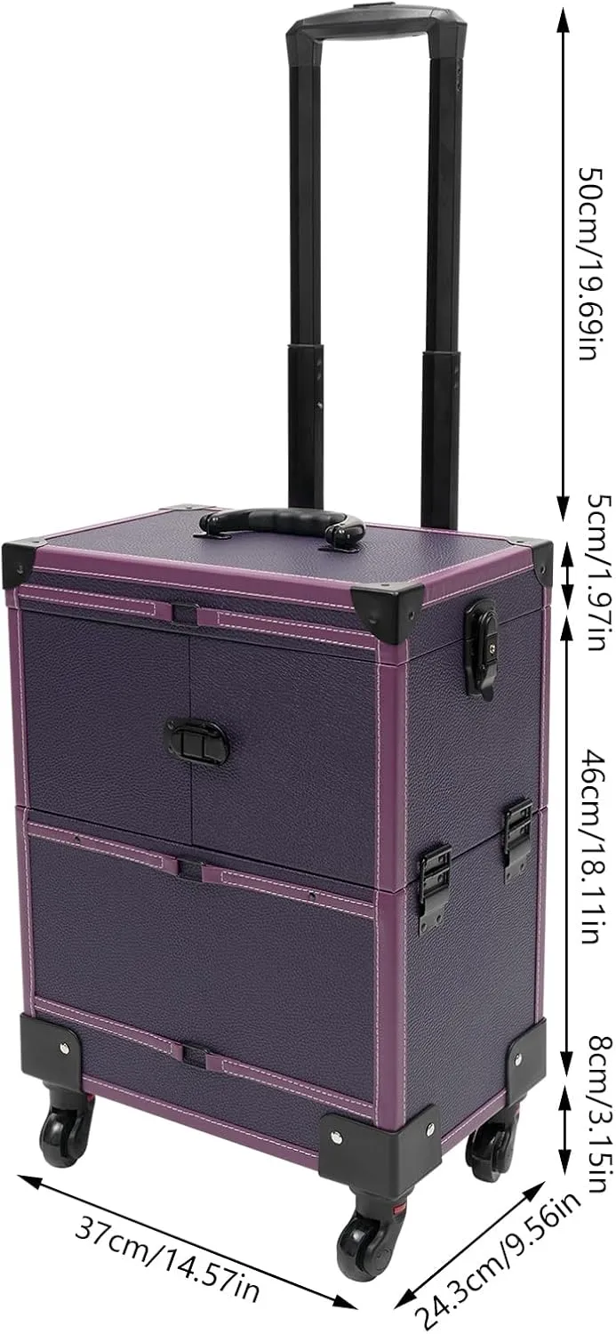 Professional Rolling Makeup Train Case, Large Trolley Storage Case, Multi-Functional Cosmetic Train Case with Mirror & Universal Wheels for Makeup Artist Hairstylist Travel Cosmetic Organizer (Purple)