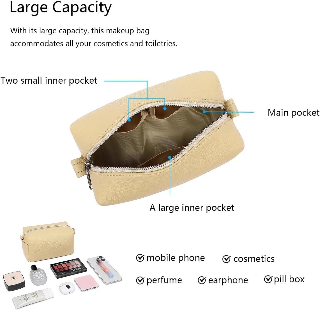PU leather Organizer Bag Lightweight Cosmetic Bag with Ring Clasp Perfect Travel Makeup Bag for Women (Ground Lotus/PU)