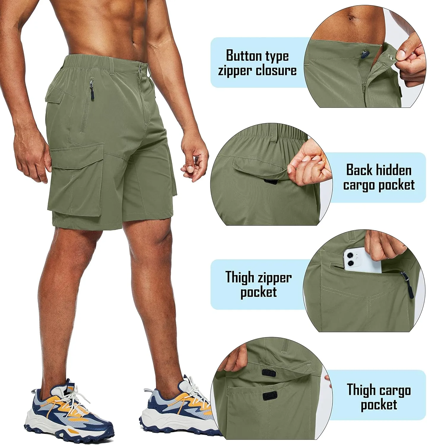 Pudolla Men's Hiking Cargo Shorts Quick Dry Outdoor Travel Shorts for Men with Multi Pocket for Fishing Camping Casual