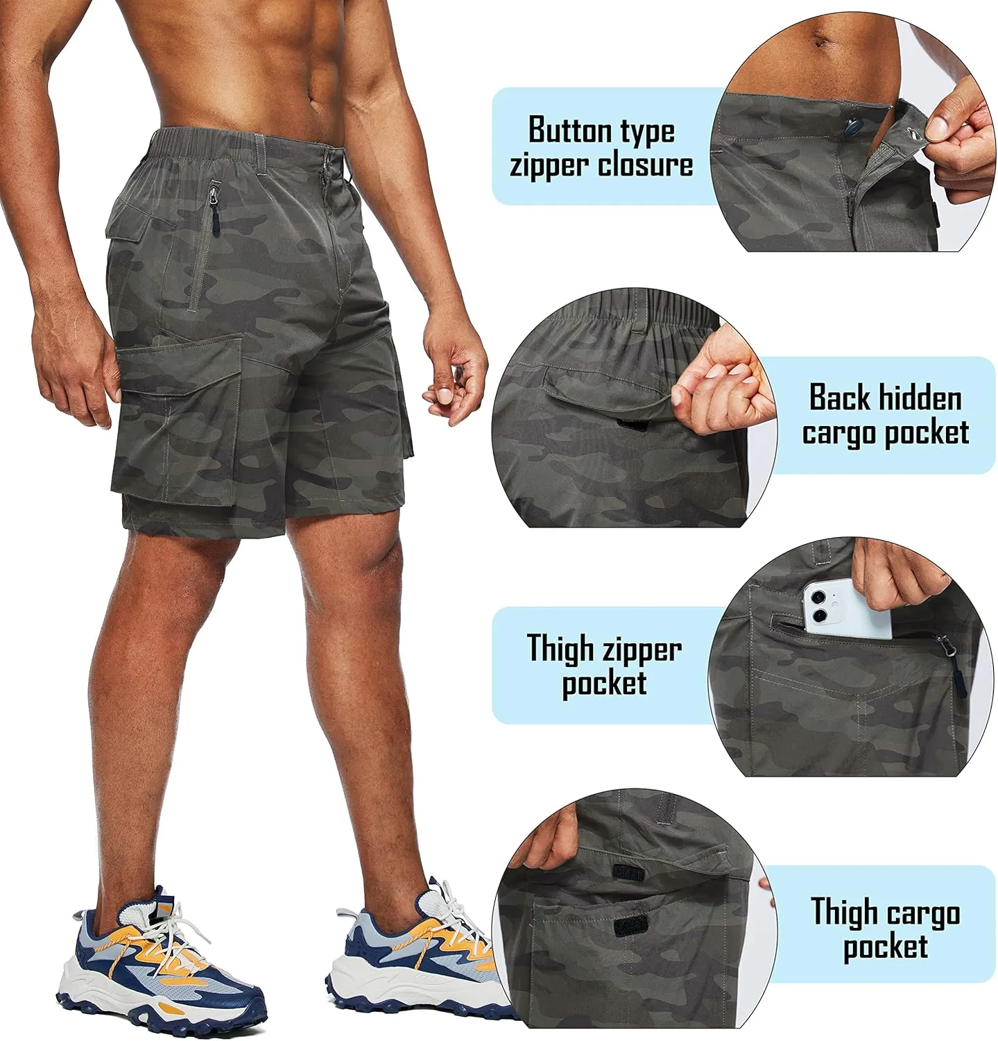 Pudolla Men's Hiking Cargo Shorts Quick Dry Outdoor Travel Shorts for Men with Multi Pocket for Fishing Camping Casual