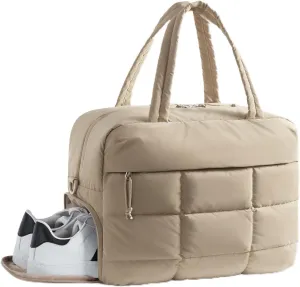Puffer Travel Duffel Bag, Small Gym Bag for Women, Water-resistant Weekender with Shoe Compartment, Camel (Camel)