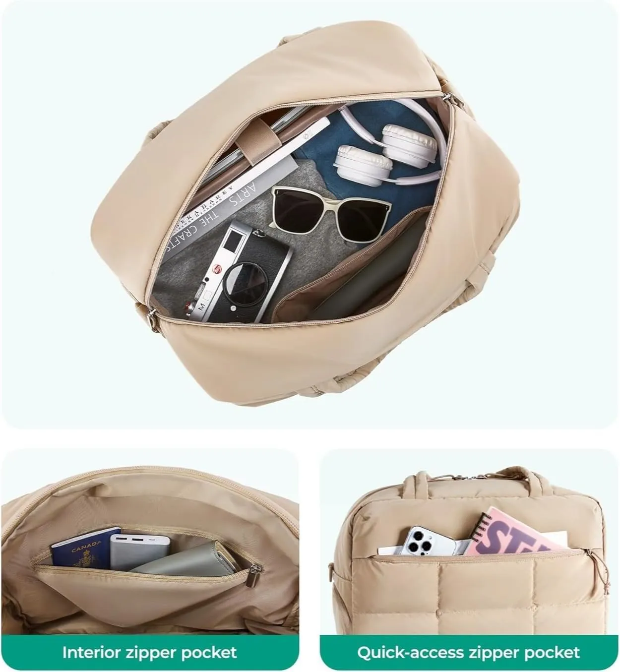 Puffer Travel Duffel Bag, Small Gym Bag for Women, Water-resistant Weekender with Shoe Compartment, Camel (Camel)