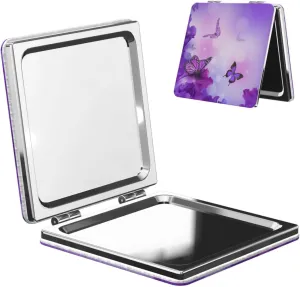 Purple Flowers and Butterfly Small Makeup Mirror Portable Travel Cosmetic Mirror Folding Small Pocket Mirror