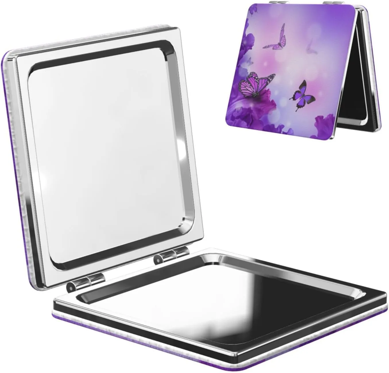 Purple Flowers and Butterfly Small Makeup Mirror Portable Travel Cosmetic Mirror Folding Small Pocket Mirror