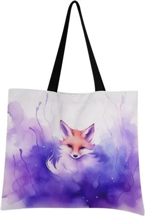 Purple Fog Fox Canvas Tote Bag for Women, Reusable Grocery Bag Casual Shoulder Bag for Shopping Travel