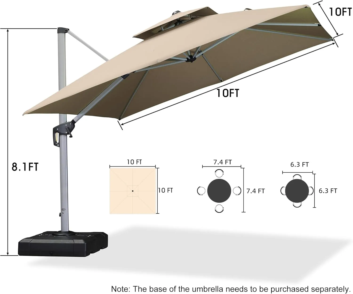 PURPLE LEAF 10ft Patio Umbrella Outdoor Square Large Cantilever Windproof Offset and Heavy Duty Sun Umbrella for Garden Deck Pool, Beige