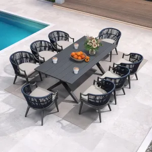 PURPLE LEAF 9 Pieces Outdoor Dining Set All Weather Wicker Patio Dining Set with Rectangular Aluminum Table and Modern Armrest Dining Chairs for Garden Deck Backyard Kitchen, Grey