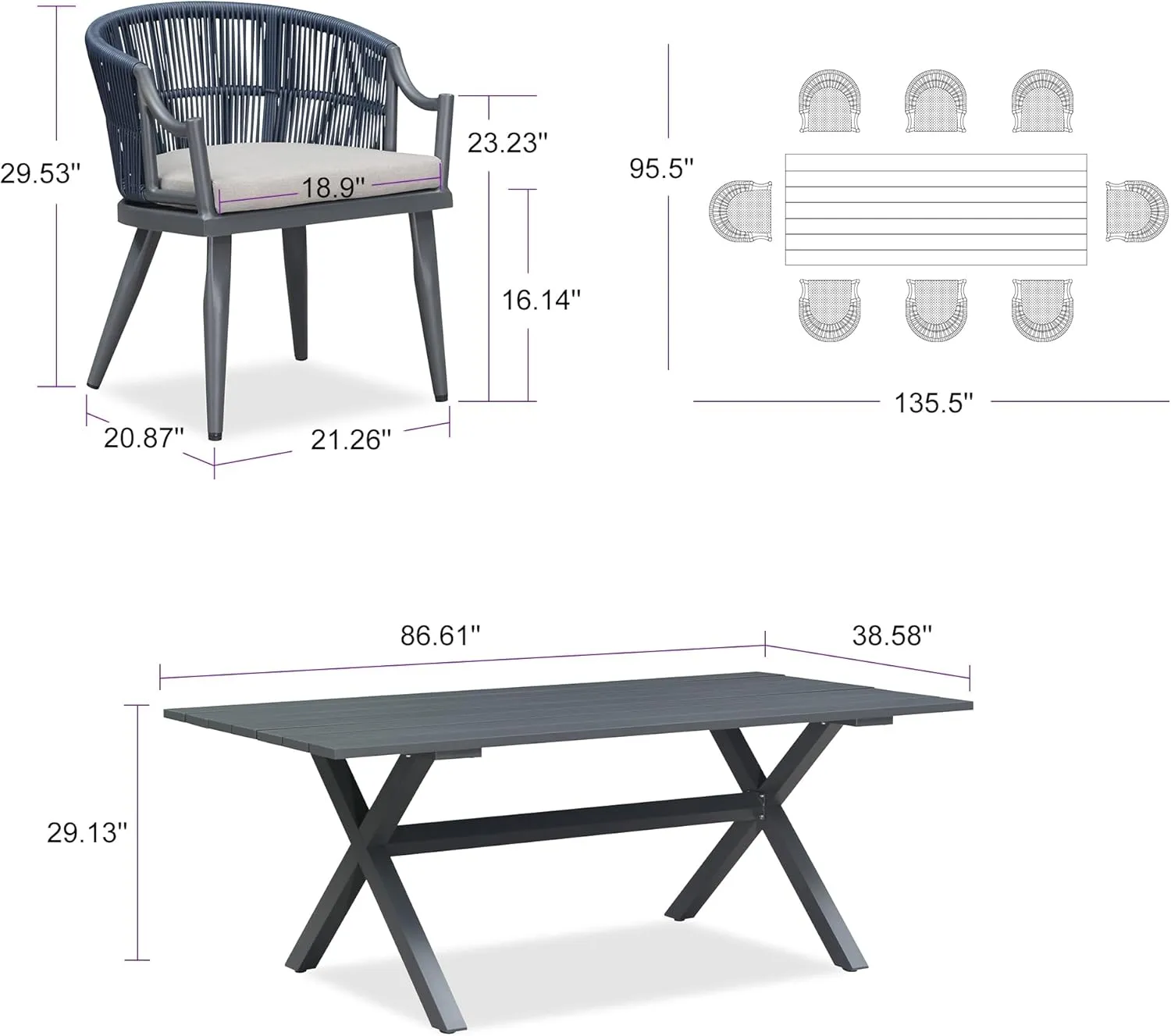 PURPLE LEAF 9 Pieces Outdoor Dining Set All Weather Wicker Patio Dining Set with Rectangular Aluminum Table and Modern Armrest Dining Chairs for Garden Deck Backyard Kitchen, Grey