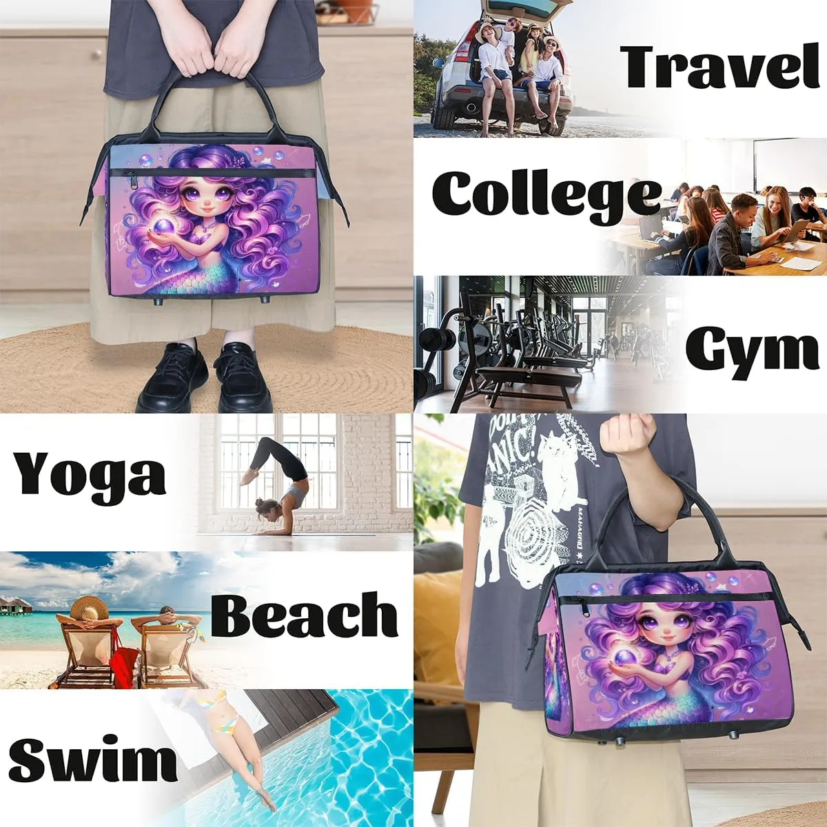 Purple Mermaid Girls Weekender Overnight Bag for Women Waterproof Carry On Travel Duffle Bags with Pocket Lightweight Sports Gym Tote Bag Large Luggage Workout Personal Item Hospital Bags