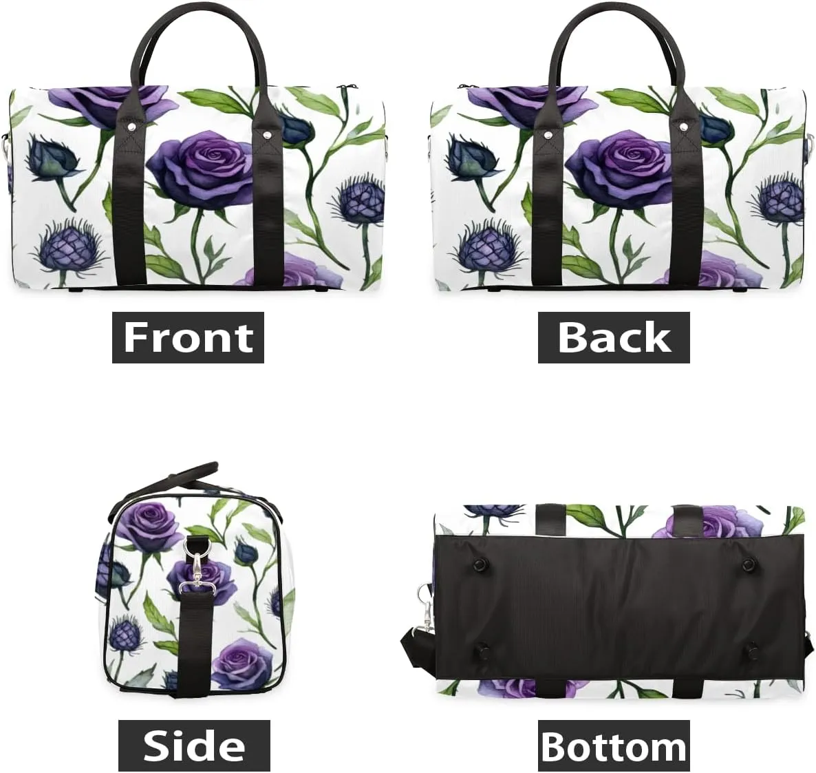 Purple Roses Travel Duffle Bag for Women Men Gym Duffel Foldable Bag Waterproof Weekender Vintage Flower Duffle Tote