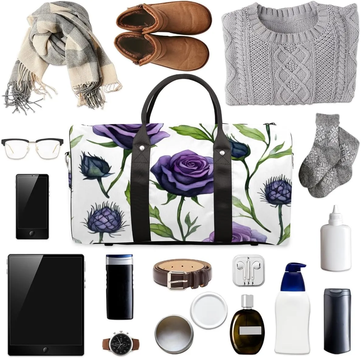 Purple Roses Travel Duffle Bag for Women Men Gym Duffel Foldable Bag Waterproof Weekender Vintage Flower Duffle Tote