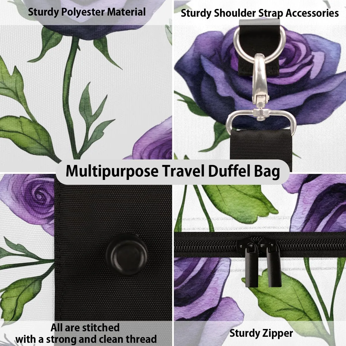 Purple Roses Travel Duffle Bag for Women Men Gym Duffel Foldable Bag Waterproof Weekender Vintage Flower Duffle Tote