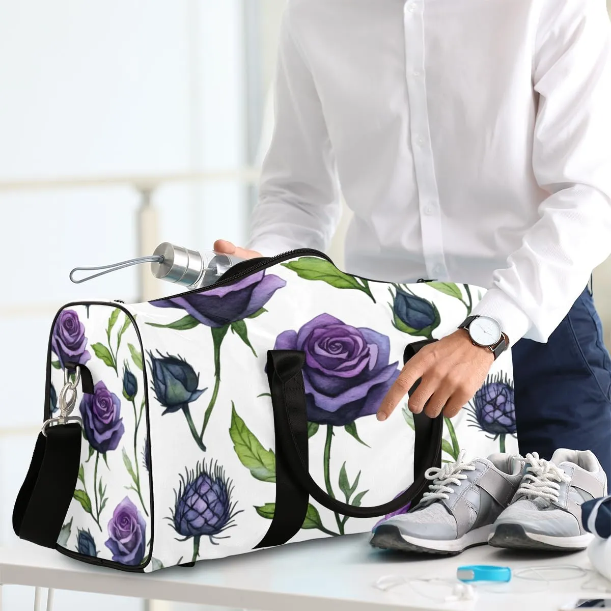 Purple Roses Travel Duffle Bag for Women Men Gym Duffel Foldable Bag Waterproof Weekender Vintage Flower Duffle Tote