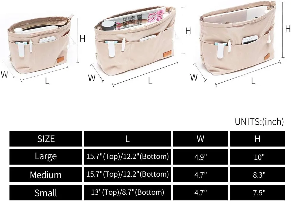 Purse Organizer Insert with zipper Nylon fabric for women Handbags & Totebag beige Size: Large: 15.7"(Top)/12.2"(Bottom) L × 4.9" W × 10" H