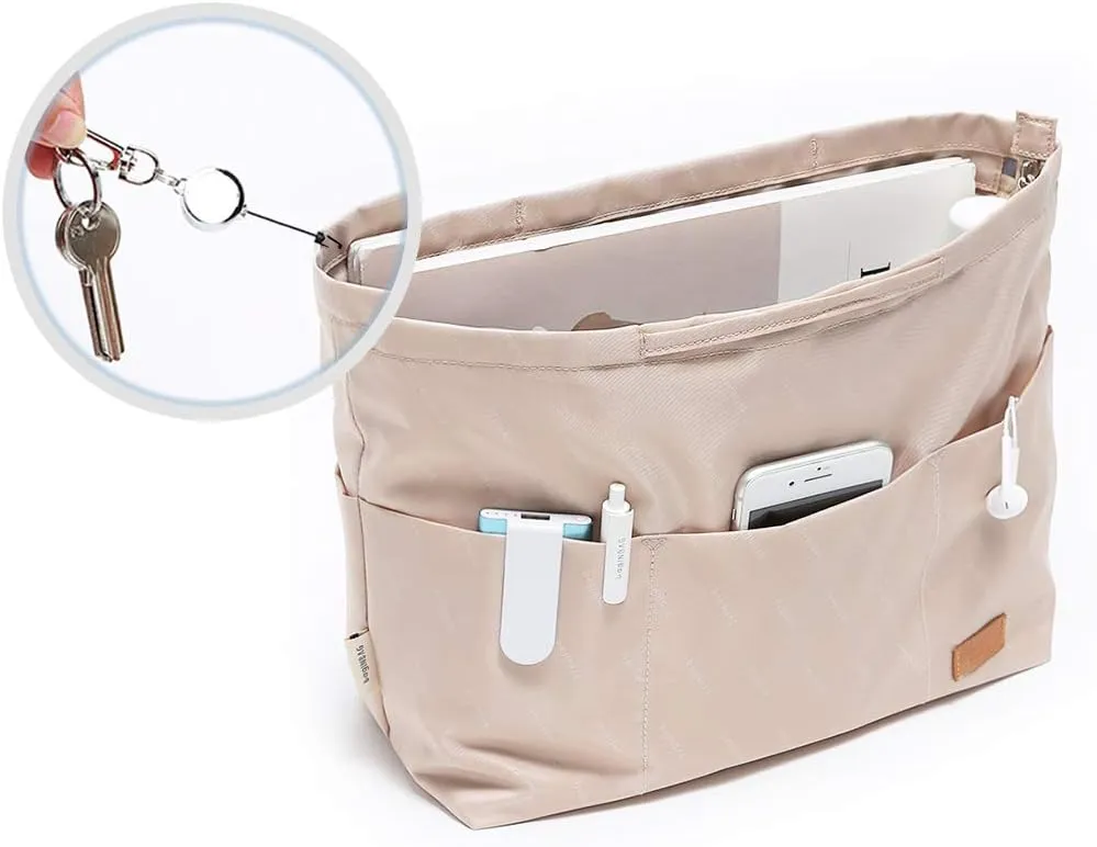Purse Organizer Insert with zipper Nylon fabric for women Handbags & Totebag beige Size: Large: 15.7"(Top)/12.2"(Bottom) L × 4.9" W × 10" H