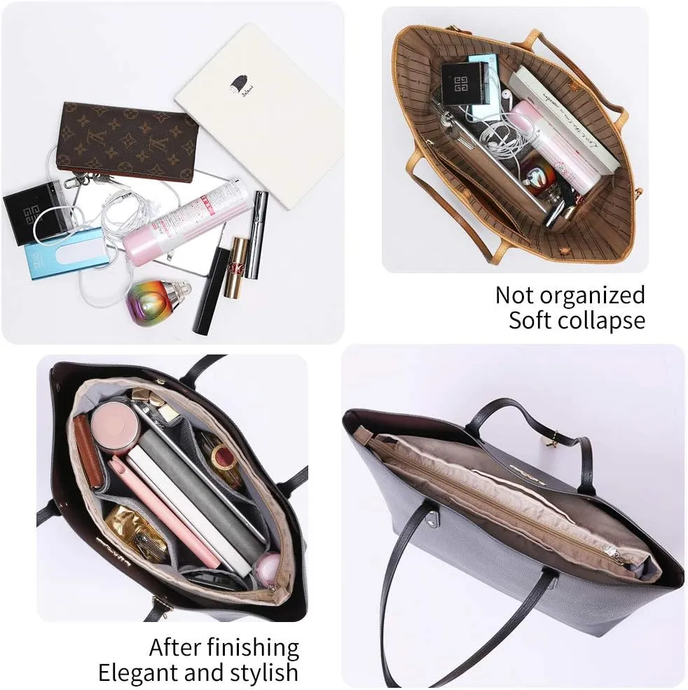 Purse Organizer Insert with zipper Nylon fabric for women Handbags & Totebag beige Size: Large: 15.7"(Top)/12.2"(Bottom) L × 4.9" W × 10" H