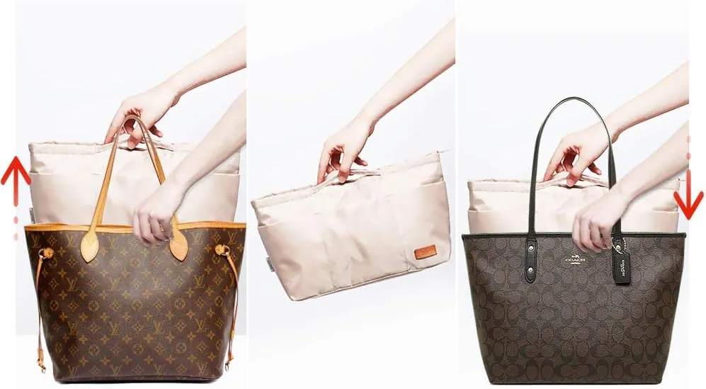 Purse Organizer Insert with zipper Nylon fabric for women Handbags & Totebag beige Size: Large: 15.7"(Top)/12.2"(Bottom) L × 4.9" W × 10" H