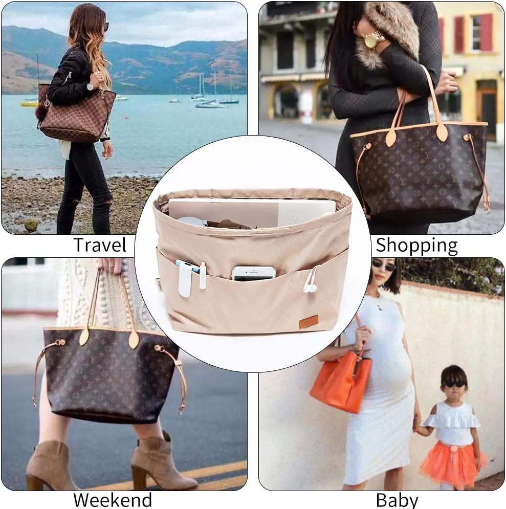 Purse Organizer Insert with zipper Nylon fabric for women Handbags & Totebag beige Size: Large: 15.7"(Top)/12.2"(Bottom) L × 4.9" W × 10" H