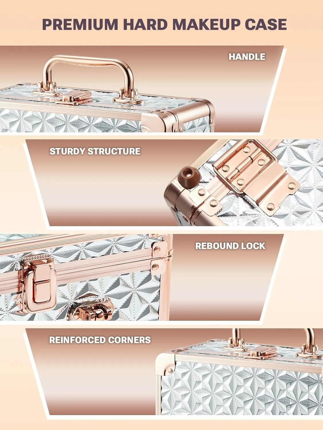 Qislee Makeup Box with A Detachable Lighted Mirror, Waterproof Travel Train Case, Cosmetic Organizer and Makeup Suitcase with Adjustable Dividers, Magnetic LED Mirror(Sparkling Silver)
