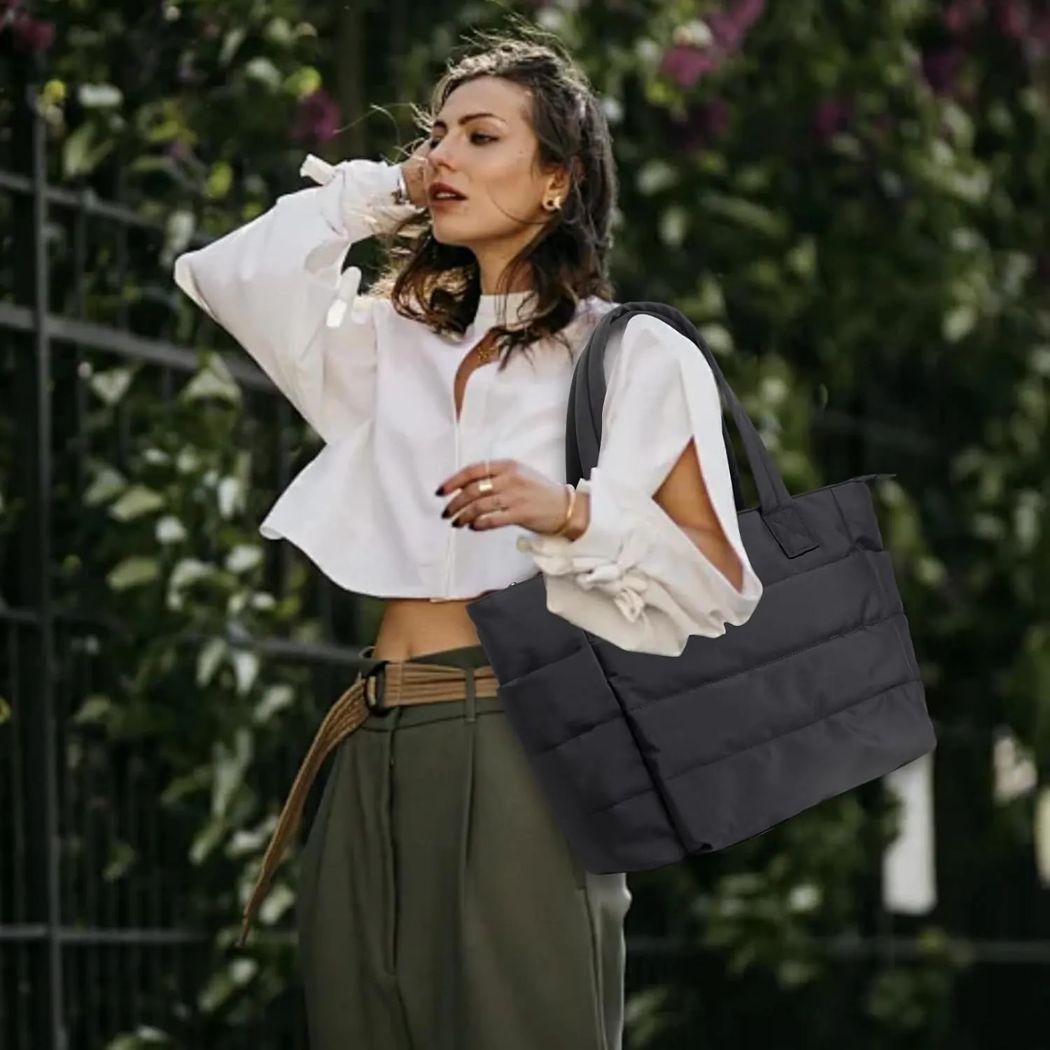 Quilted Tote Bag for Women, Lightweight Puffy Work Bag with Compartment, Quilted Shoulder Bag with Multi Pockets