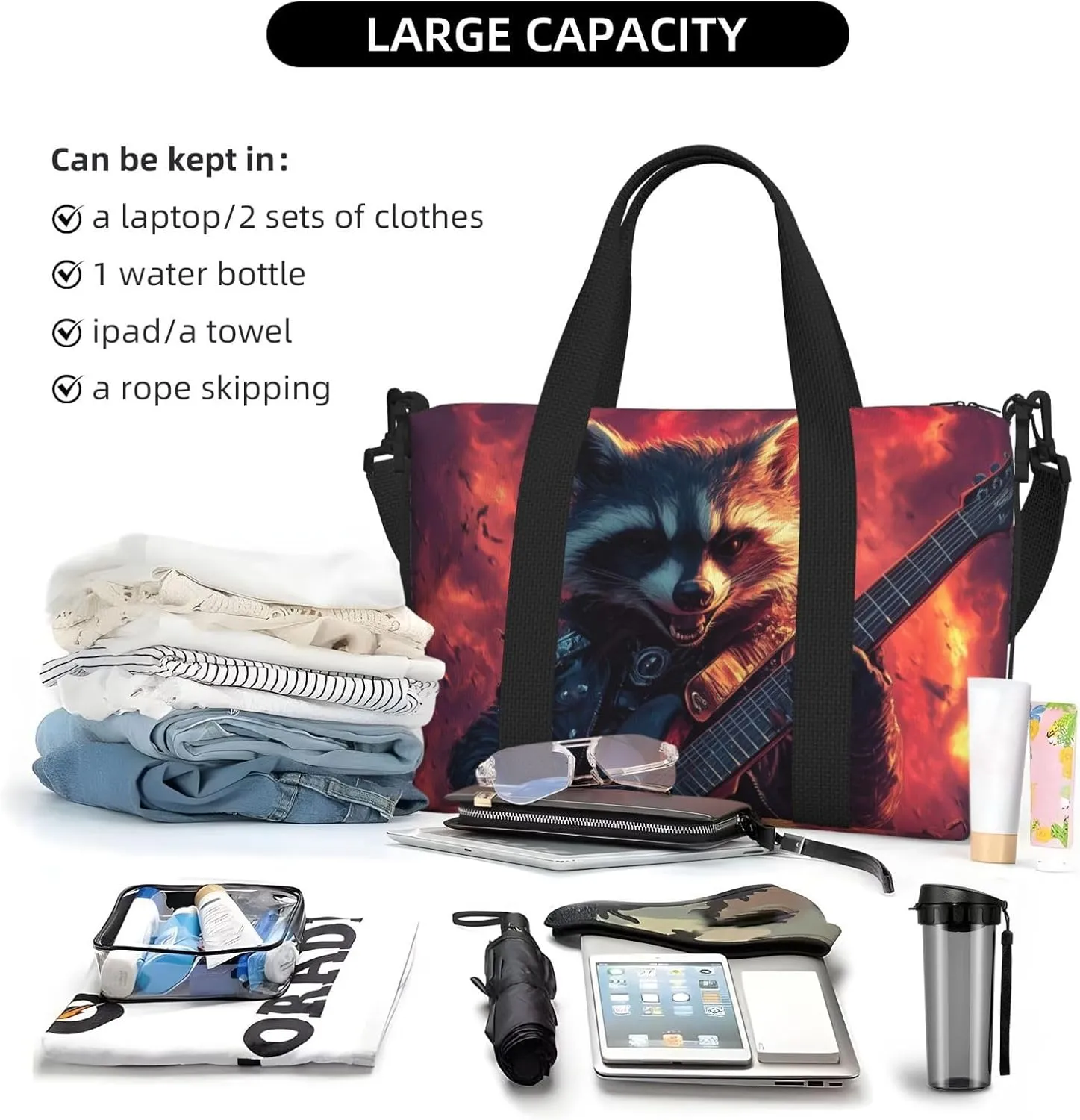 Raccoon guitar print Travel Duffel Bag, Sports Tote Gym Bag, Swim Pool Bag Large Shoulder Tote Bag for Beach Weekender