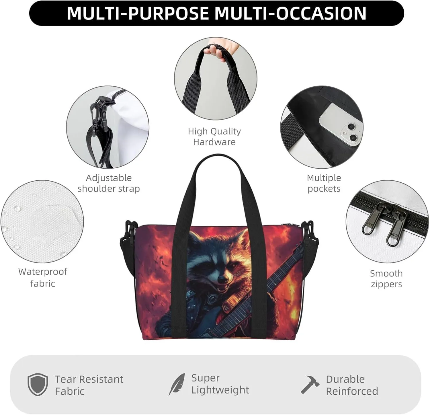 Raccoon guitar print Travel Duffel Bag, Sports Tote Gym Bag, Swim Pool Bag Large Shoulder Tote Bag for Beach Weekender