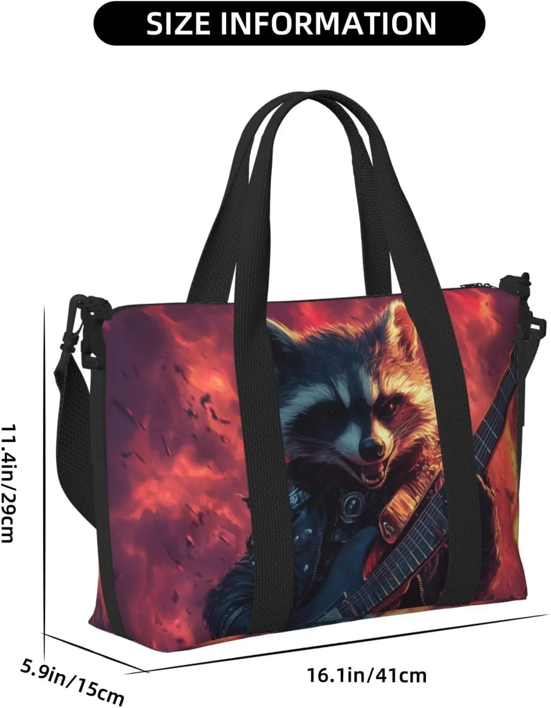 Raccoon guitar print Travel Duffel Bag, Sports Tote Gym Bag, Swim Pool Bag Large Shoulder Tote Bag for Beach Weekender