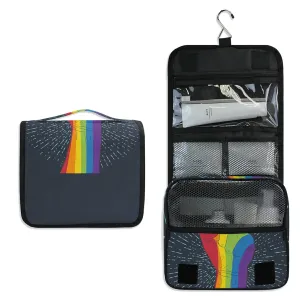 Rainbow Colored Hand with a Fist Raised up with Rays on Dark Blue Travel Cosmetic Bag, Hanging Toiletry Wash bag, Portable Makeup Organizer Brush Case, Storage Bag with Hook for Bathroom Toilet