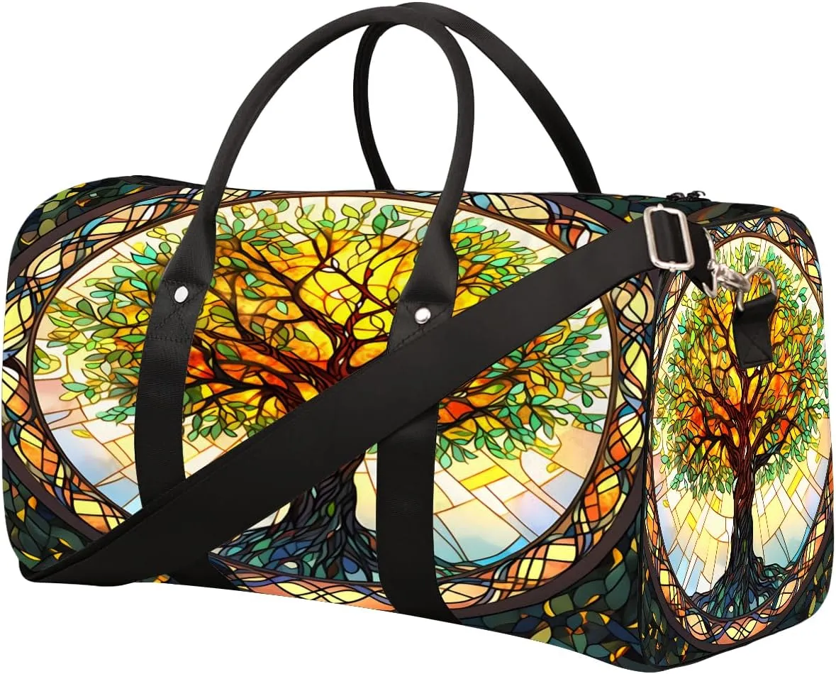 Rainbow Tree Of Life Glass Travel Duffle Bag Sports Gym Bags for Women Men Weekender Overnight Bags Waterproof Carry On Tote Bag Workout Bag for Dance Swimming Yoga Hospital