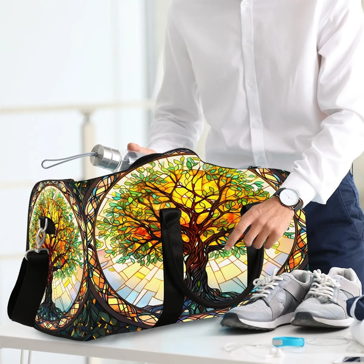 Rainbow Tree Of Life Glass Travel Duffle Bag Sports Gym Bags for Women Men Weekender Overnight Bags Waterproof Carry On Tote Bag Workout Bag for Dance Swimming Yoga Hospital