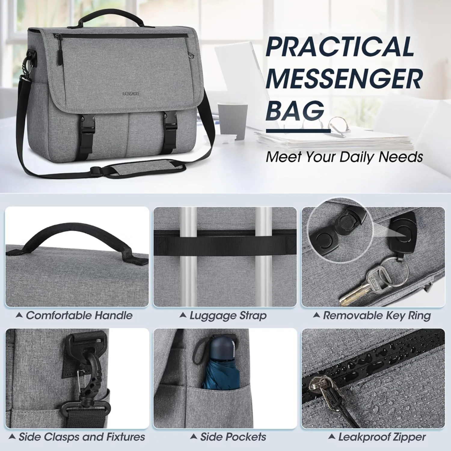 RAINSMORE Messenger Bag for Men Messenger Bag 15.6 Inch Water Resistant Laptop Bag Casual Satchel Bags for Men Large College Computer Bag Office Work Briefcase Fashion Crossbody Shoulder Handbag, Gray