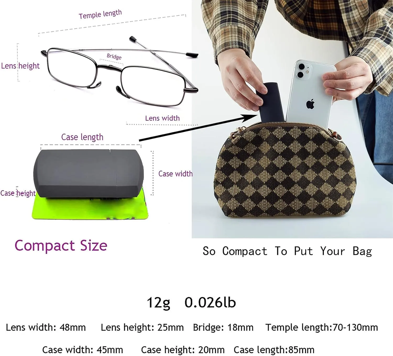 Reading Glasses Men Women, Pocket Wallet Purse Compact Hard Cases Folding Readers, Blue light Glasses Spring Hinge