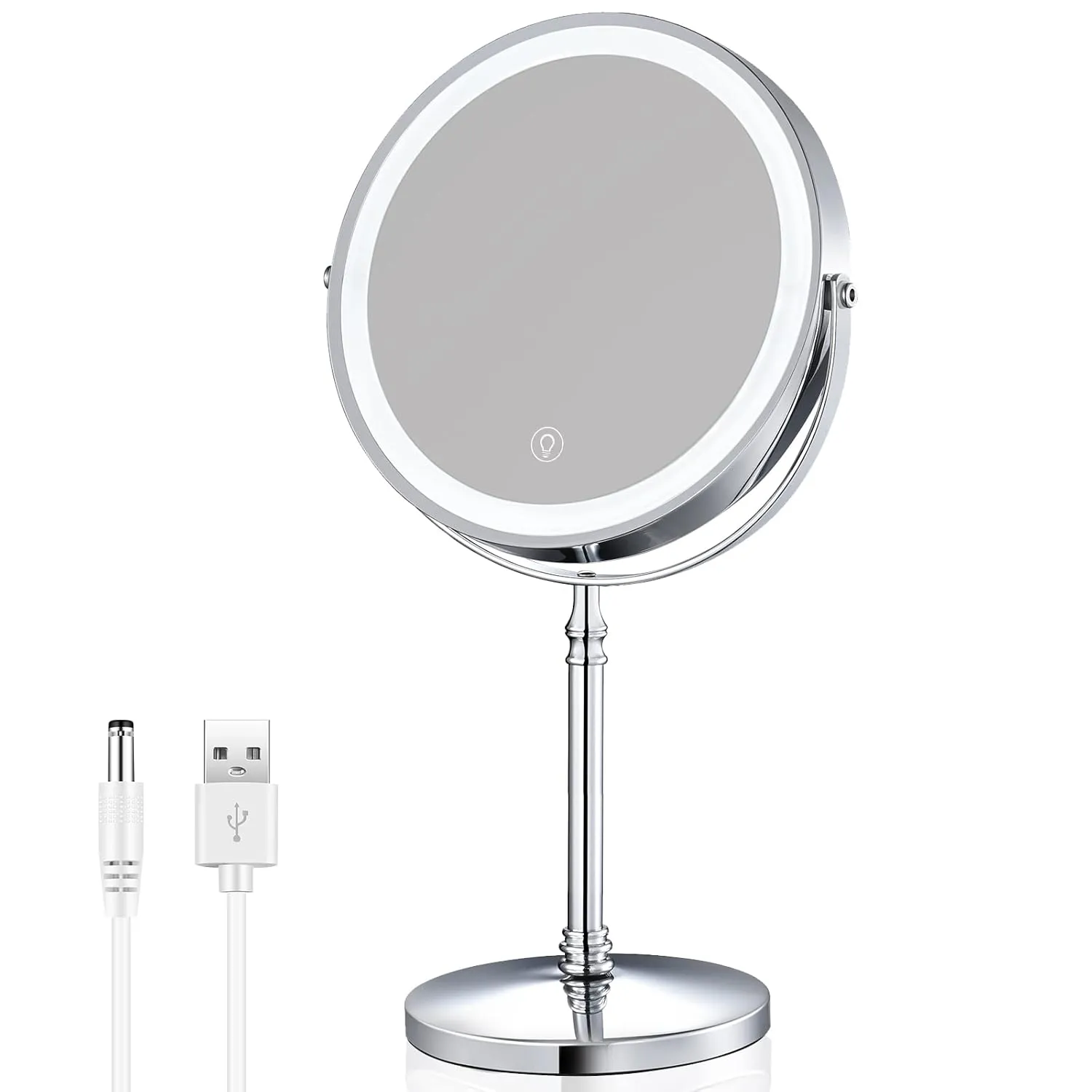 Rechargeable 8'' Lighted Makeup Mirror, 10X Magnifying Vanity Mirror with 3 Color LED Lights, Double-Sided Cosmetic Mirror Battery Powered, Touch Button Adjust Brightness