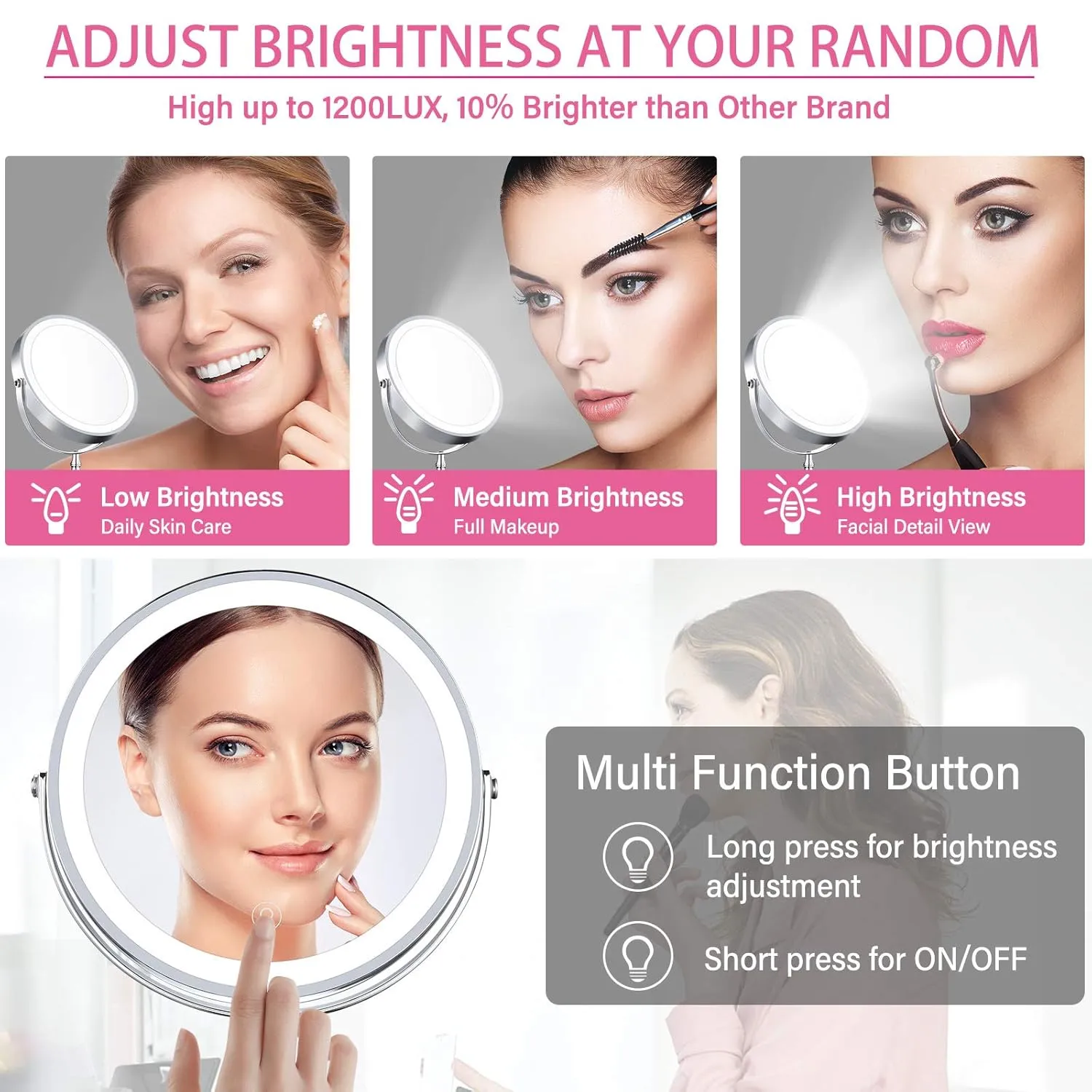 Rechargeable 8'' Lighted Makeup Mirror, 10X Magnifying Vanity Mirror with 3 Color LED Lights, Double-Sided Cosmetic Mirror Battery Powered, Touch Button Adjust Brightness