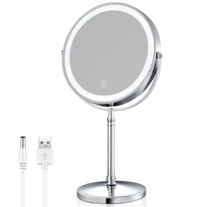 Rechargeable 8'' Lighted Makeup Mirror, 10X Magnifying Vanity Mirror with 3 Color LED Lights, Double-Sided Cosmetic Mirror Battery Powered, Touch Button Adjust Brightness