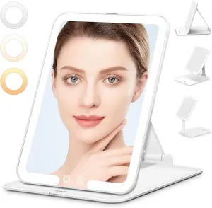 Rechargeable Travel Makeup Mirror, Portable Travel Lighted Makeup Mirror with 3 Color Modes Dimmable, Compact Silm Tabletop LED Vanity Mirror with Touch Screen for Daily Business, White