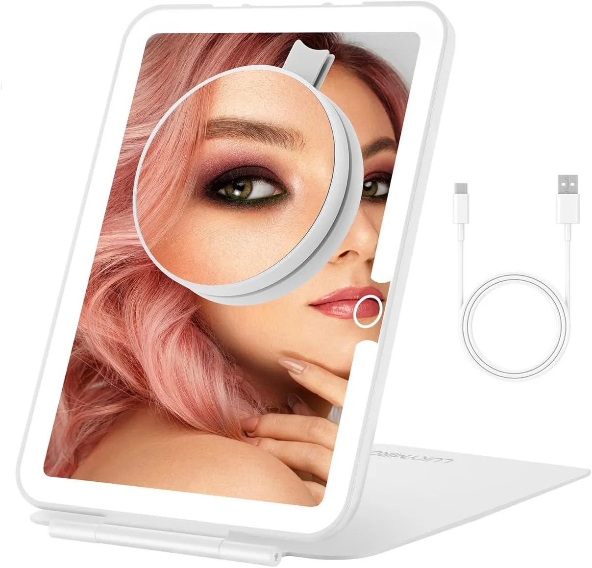 Rechargeable Travel Makeup Mirror with Lights, Portable Lighted Vanity 10X Magnification, 70 LEDs 3 Color Dimmable Touch Screen, Tabletop Folding Compact Cosmetic (MatteWhite)