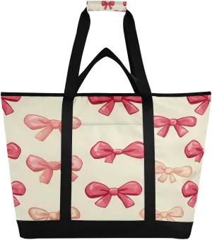 Red Bows Reusable Insulated Lunchbox Cooler Bag, Leakproof Kitchen Grocery Bag Collapsible Portable Cooler Tote Bag for Picnic, Camping, Office, Travel