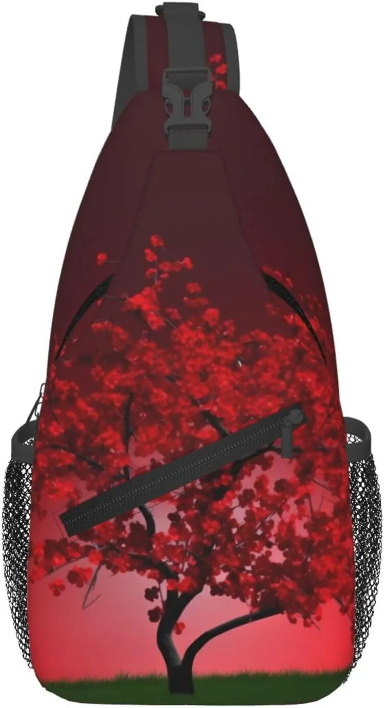 Red Cherry Blossom Crossbody Bags for Men Women Fashion Sling Backpack Casual Chest Bag Travel Hiking Daypack