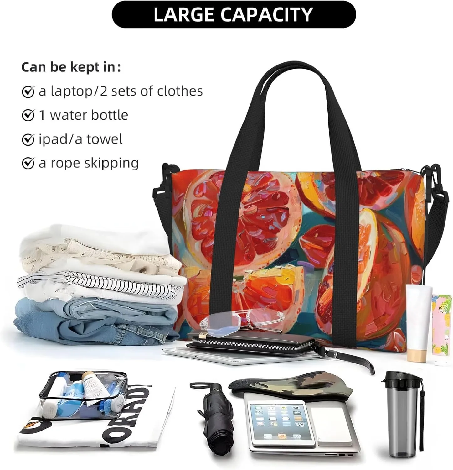 red cut in half orange print Travel Duffel Bag, Sports Tote Gym Bag, Swim Pool Bag Large Shoulder Tote Bag for Beach Weekender