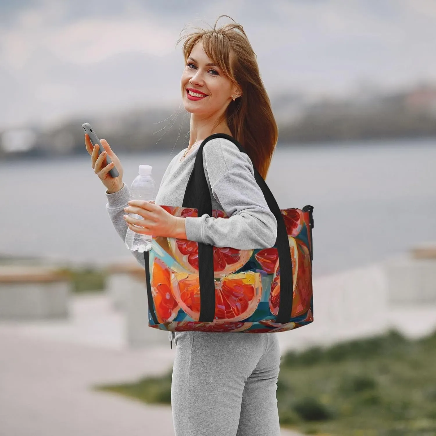 red cut in half orange print Travel Duffel Bag, Sports Tote Gym Bag, Swim Pool Bag Large Shoulder Tote Bag for Beach Weekender